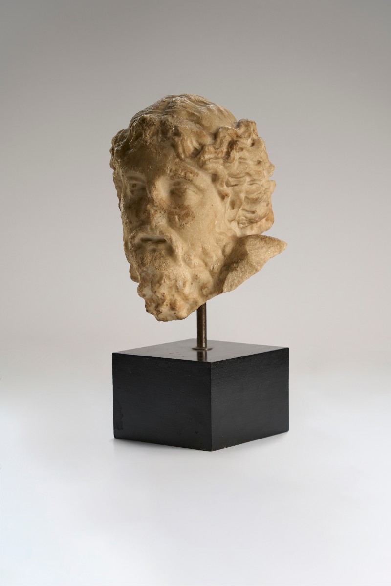 Roman Head Of A Bearded Dionysus , Marble, 2nd Century Ad.
