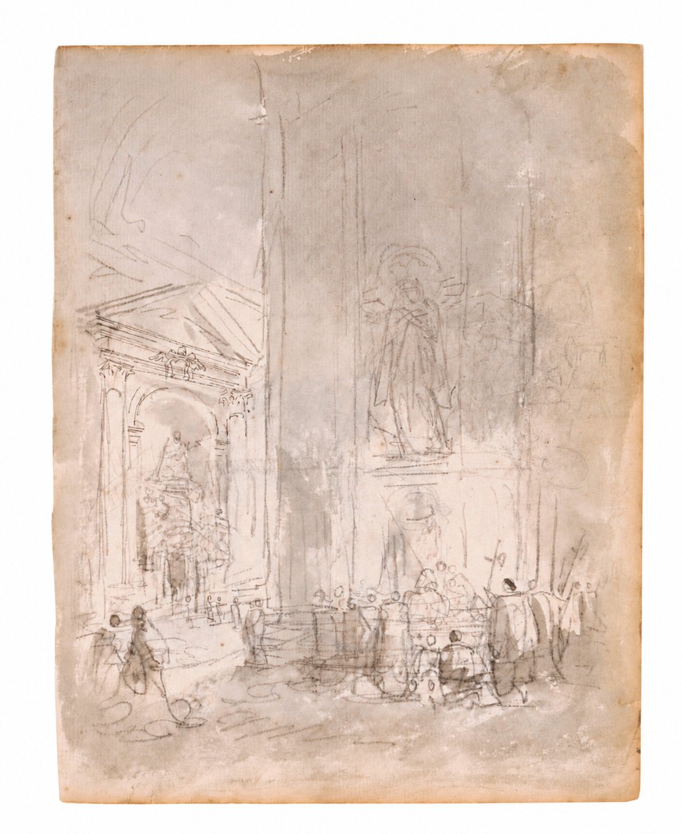 Drawing By Hubert Robert—view Of The Transsept Of St. Peter's And Figures—double-sided-photo-2
