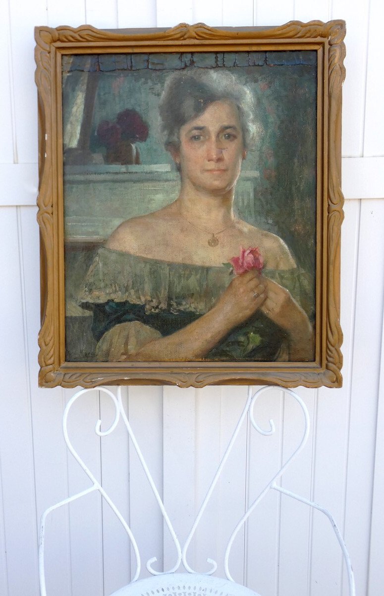 VICTOR MAREC 1862 - 1920...GRAND PORTRAIT IMPRESSIONNISTE...FEMME TENANT UNE ROSE-photo-1