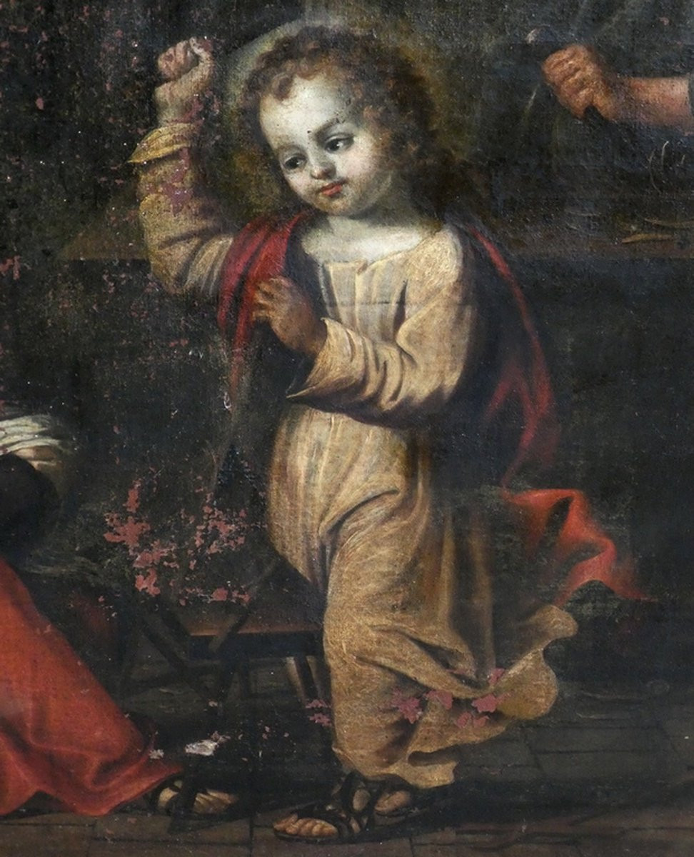 GRANDE TOILE XVIIe  - A RESTAURER - LA SAINTE FAMILLE DANS L'ATELIER DE CHARPENTIER-photo-3