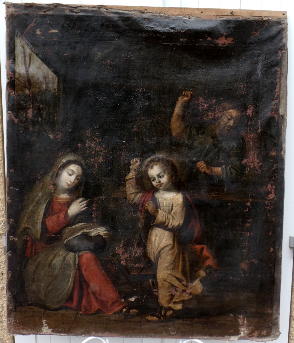 GRANDE TOILE XVIIe  - A RESTAURER - LA SAINTE FAMILLE DANS L'ATELIER DE CHARPENTIER-photo-4