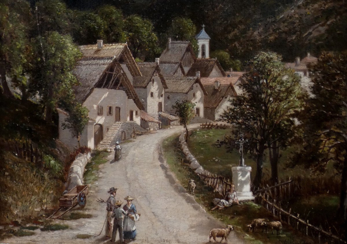 Beautiful 19th Century Impressionist Canvas - A Lively Village In The Isère Mountains? - H. Baudon-photo-2