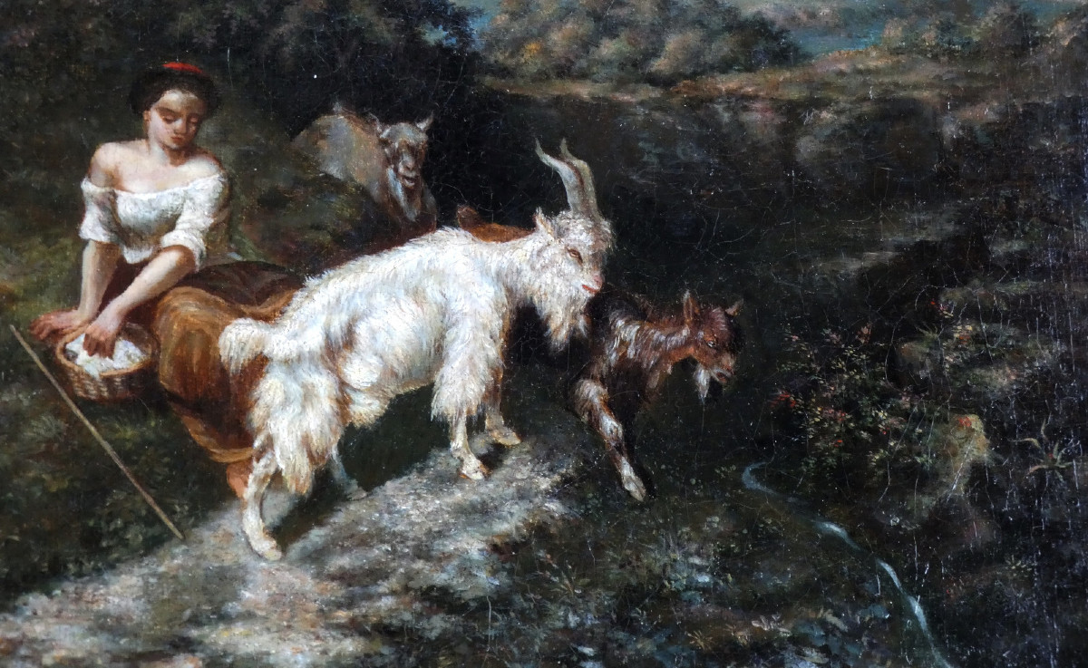 Large & Beautiful 19th Century Canvas...mountain Landscape With Young Shepherdess & Her Goats-photo-4