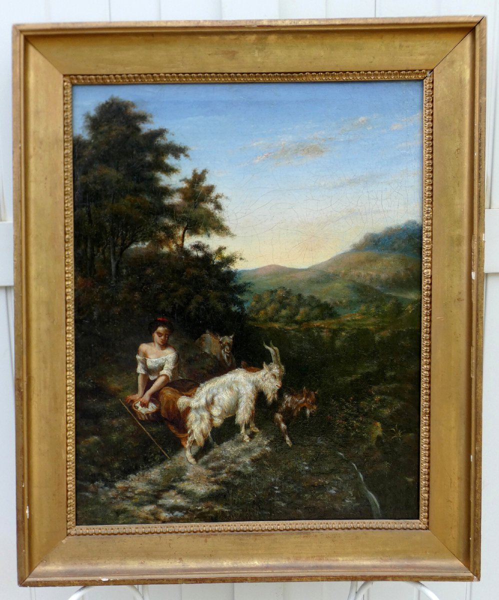 Large & Beautiful 19th Century Canvas...mountain Landscape With Young Shepherdess & Her Goats-photo-2