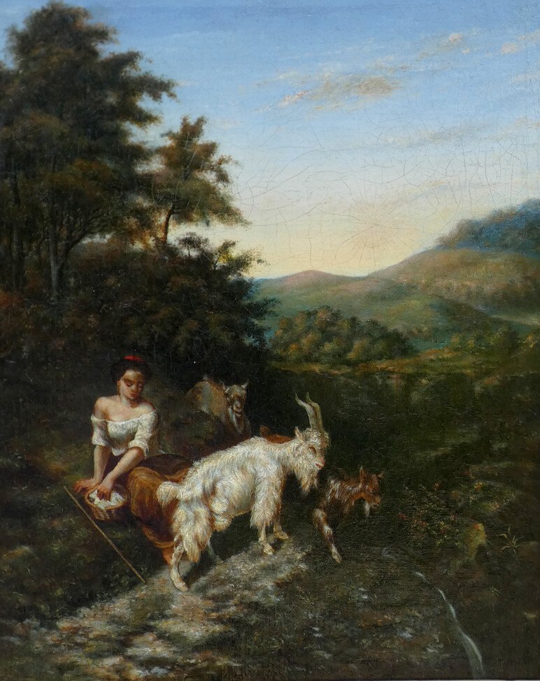Large & Beautiful 19th Century Canvas...mountain Landscape With Young Shepherdess & Her Goats-photo-4