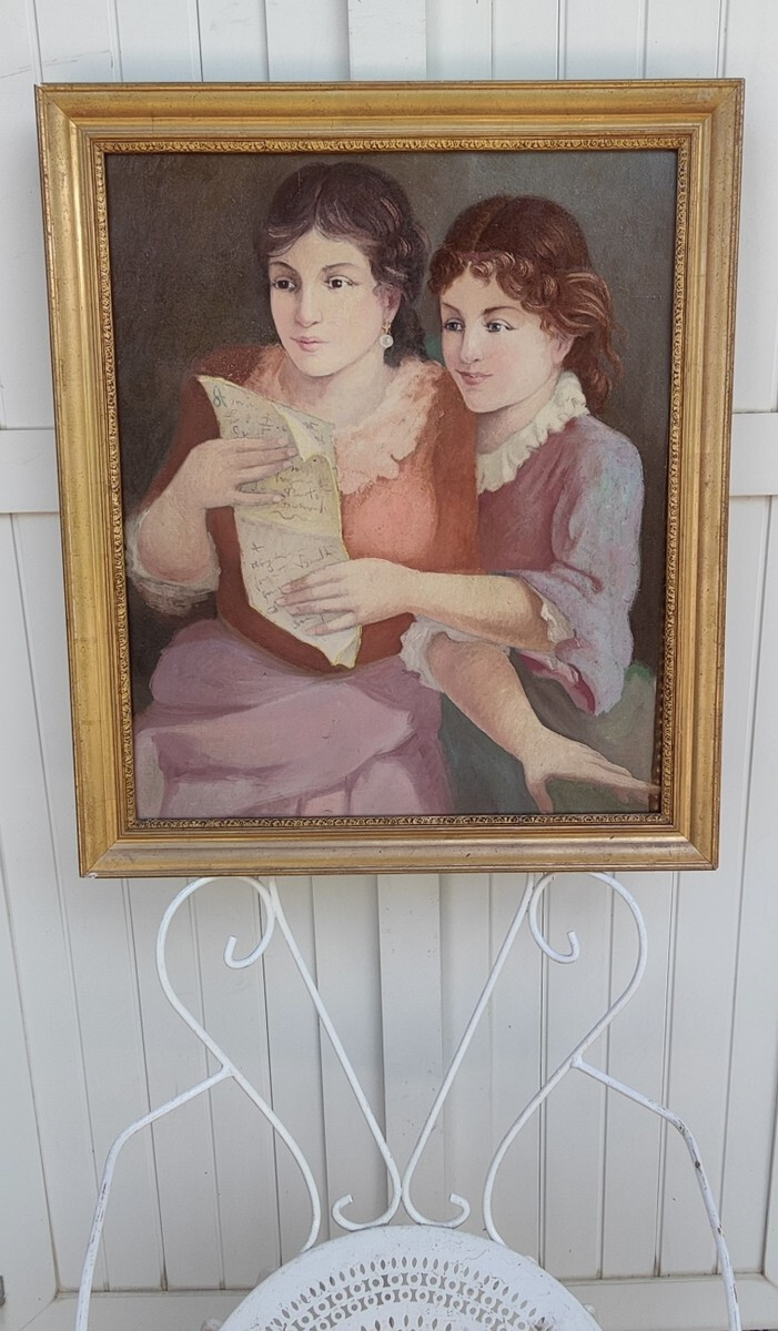 GRANDE & BELLE TOILE VERS 1920-1930...DEUX JEUNES FEMMES LISANT UNE LETTRE-photo-2