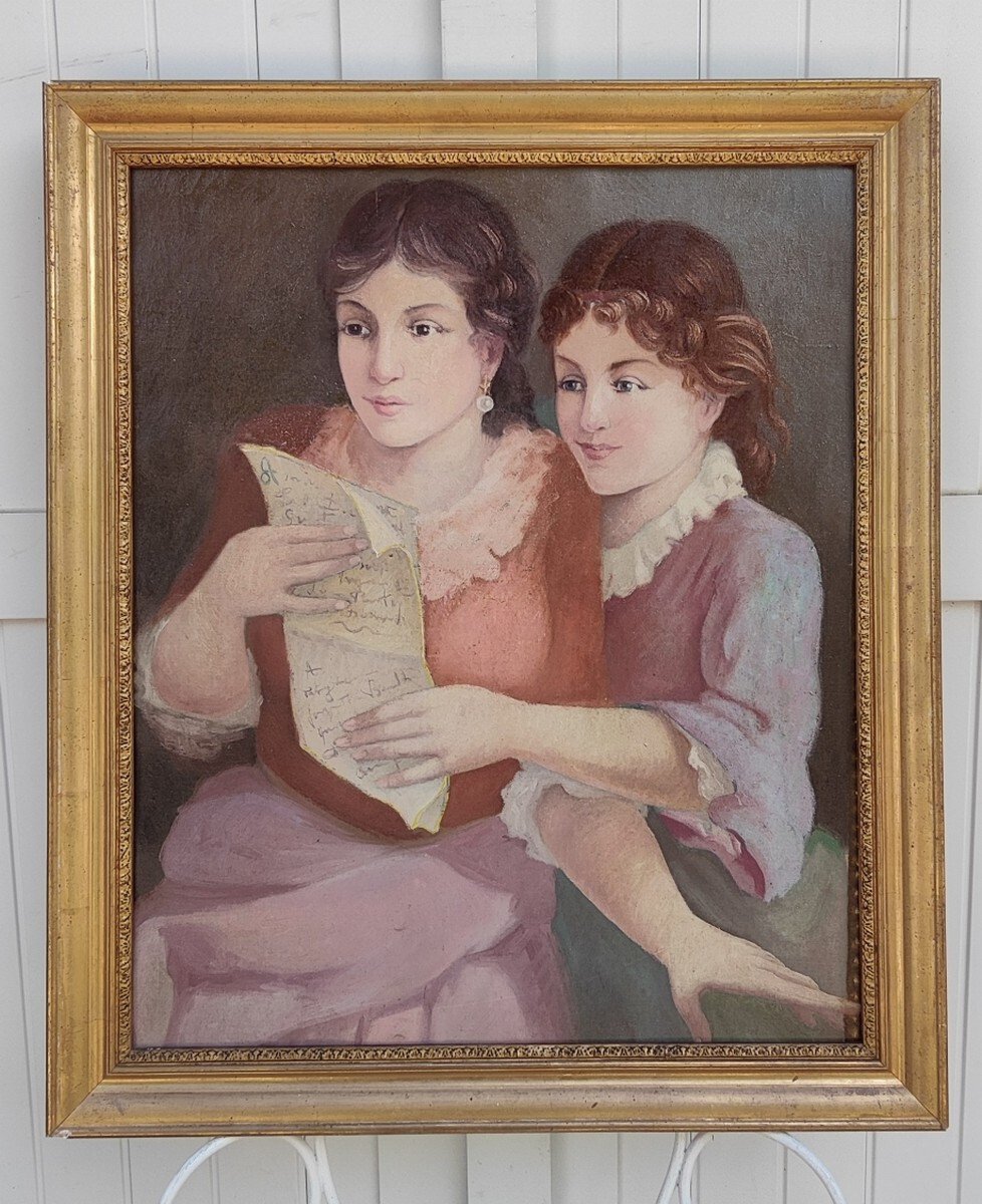 GRANDE & BELLE TOILE VERS 1920-1930...DEUX JEUNES FEMMES LISANT UNE LETTRE-photo-1