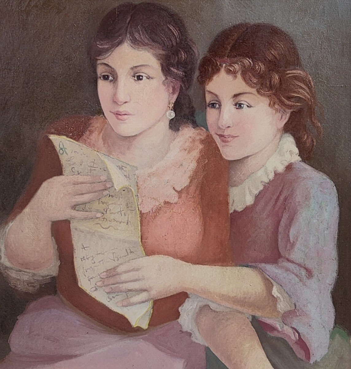 GRANDE & BELLE TOILE VERS 1920-1930...DEUX JEUNES FEMMES LISANT UNE LETTRE-photo-3