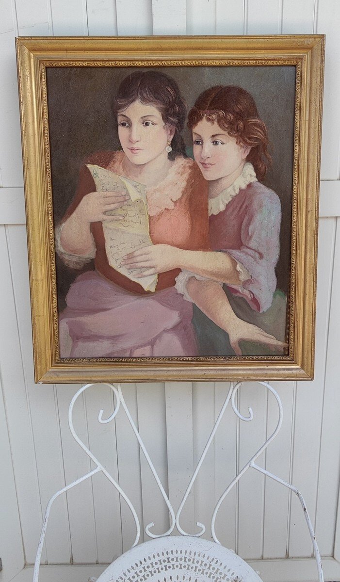 GRANDE & BELLE TOILE VERS 1920-1930...DEUX JEUNES FEMMES LISANT UNE LETTRE-photo-6