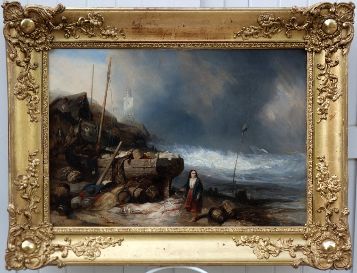 JOSEPH JAN NUYEN 1813-1839...GRAND & BEAU PAYSAGE DE BORD DE MER AVEC NAUFRAGÉS-photo-7