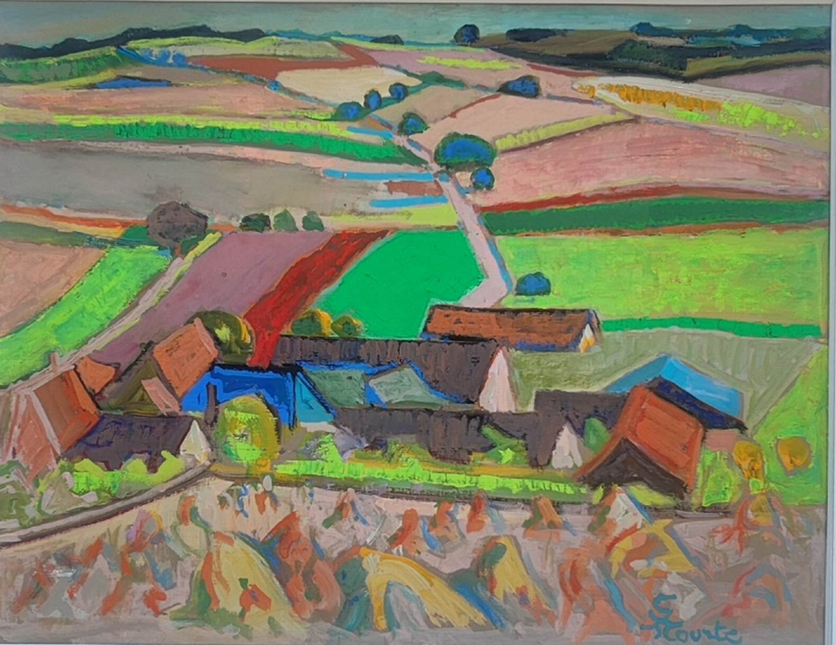 SUZANNE TOURTE 1904-1979 - GRANDE GOUACHE EXPRESSIONNISTE - PAYSAGE DANS L'YONNE-photo-2
