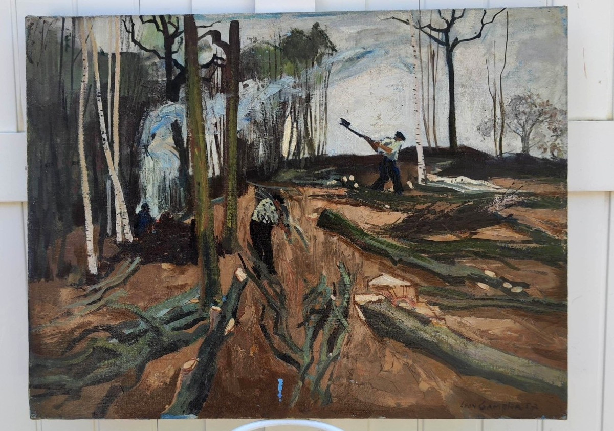 Léon Gambier 1917-2007 ...large & Beautiful Painting...lumberjacks In A Forest-photo-3