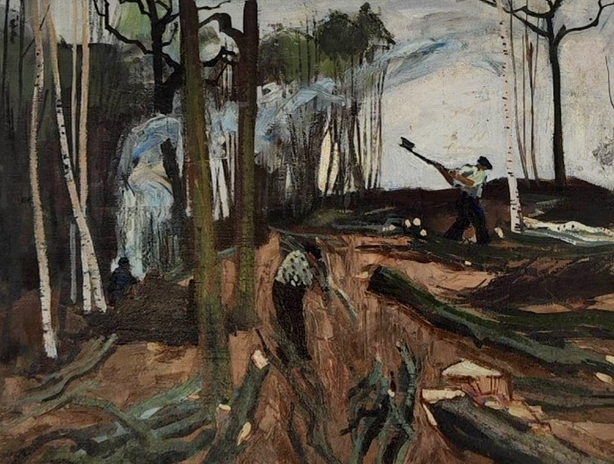 Léon Gambier 1917-2007 ...large & Beautiful Painting...lumberjacks In A Forest-photo-4