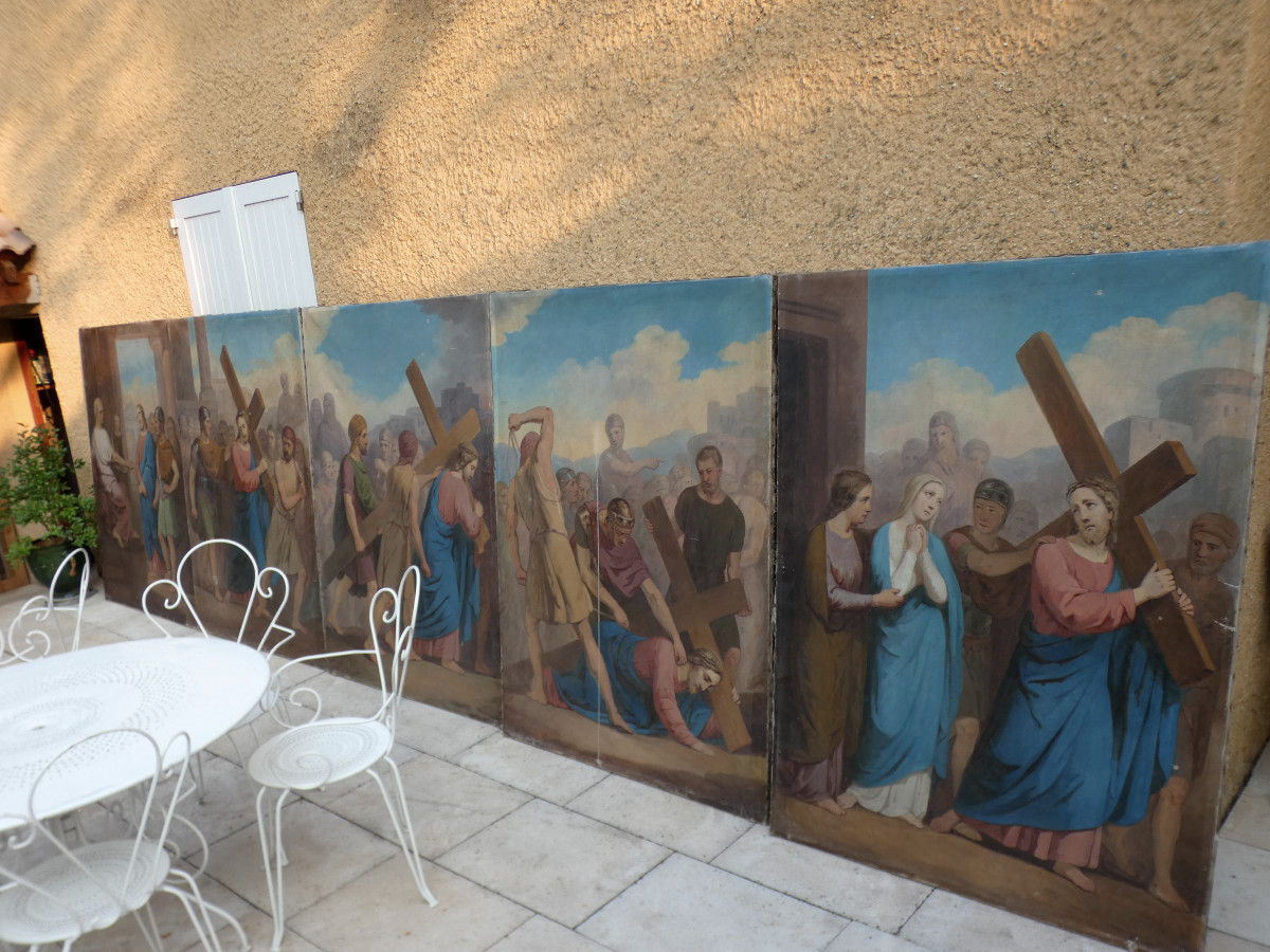 TRÈS GRANDES PEINTURES BIBLIQUES XIXe...LES 14 STATIONS DU CHEMIN DE CROIX , COMPLET.-photo-1