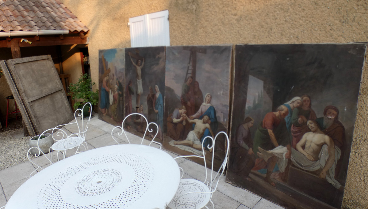 TRÈS GRANDES PEINTURES BIBLIQUES XIXe...LES 14 STATIONS DU CHEMIN DE CROIX , COMPLET.-photo-2