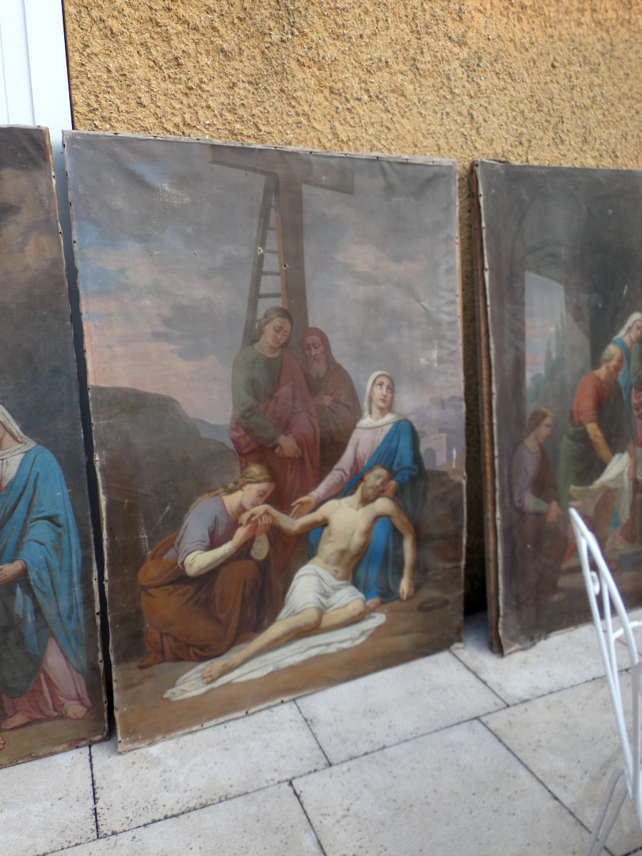 TRÈS GRANDES PEINTURES BIBLIQUES XIXe...LES 14 STATIONS DU CHEMIN DE CROIX , COMPLET.-photo-3