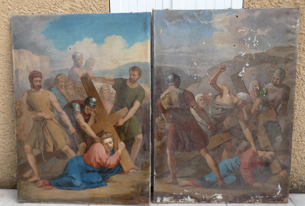 TRÈS GRANDES PEINTURES BIBLIQUES XIXe...LES 14 STATIONS DU CHEMIN DE CROIX , COMPLET.-photo-4