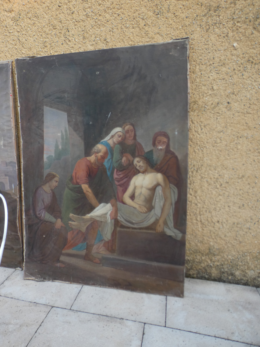 TRÈS GRANDES PEINTURES BIBLIQUES XIXe...LES 14 STATIONS DU CHEMIN DE CROIX , COMPLET.-photo-6