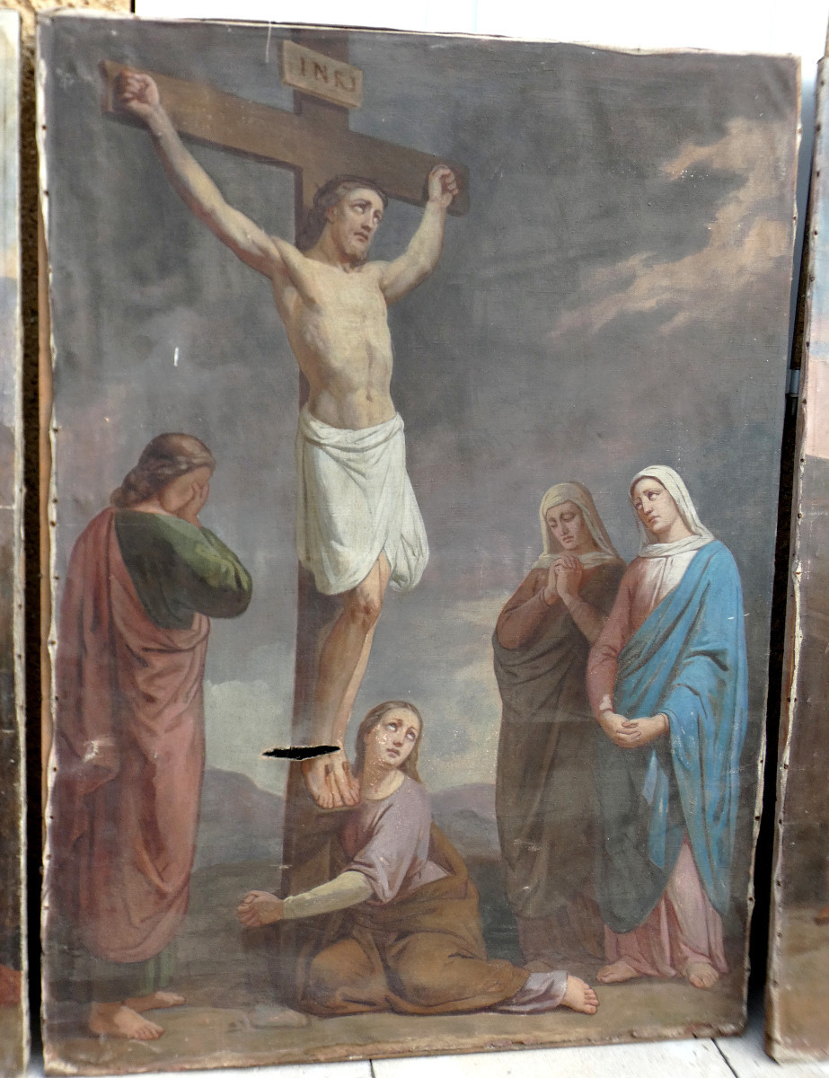TRÈS GRANDES PEINTURES BIBLIQUES XIXe...LES 14 STATIONS DU CHEMIN DE CROIX , COMPLET.-photo-7