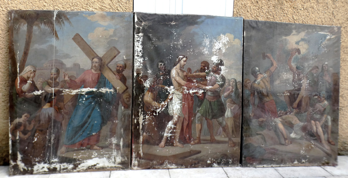 TRÈS GRANDES PEINTURES BIBLIQUES XIXe...LES 14 STATIONS DU CHEMIN DE CROIX , COMPLET.-photo-5