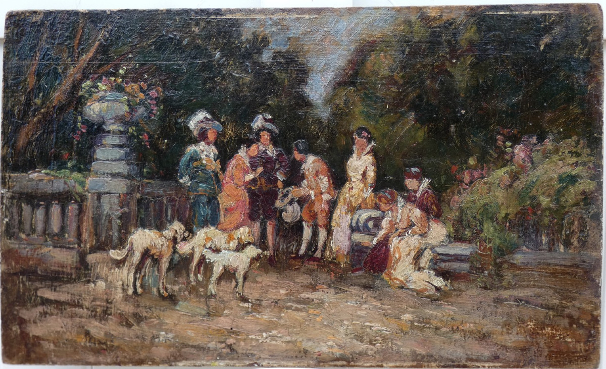 BELLE PEINTURE XIXe...SCÈNE GALANTE AVEC PERSONNAGES MONDAINS DANS UN PARC-photo-2