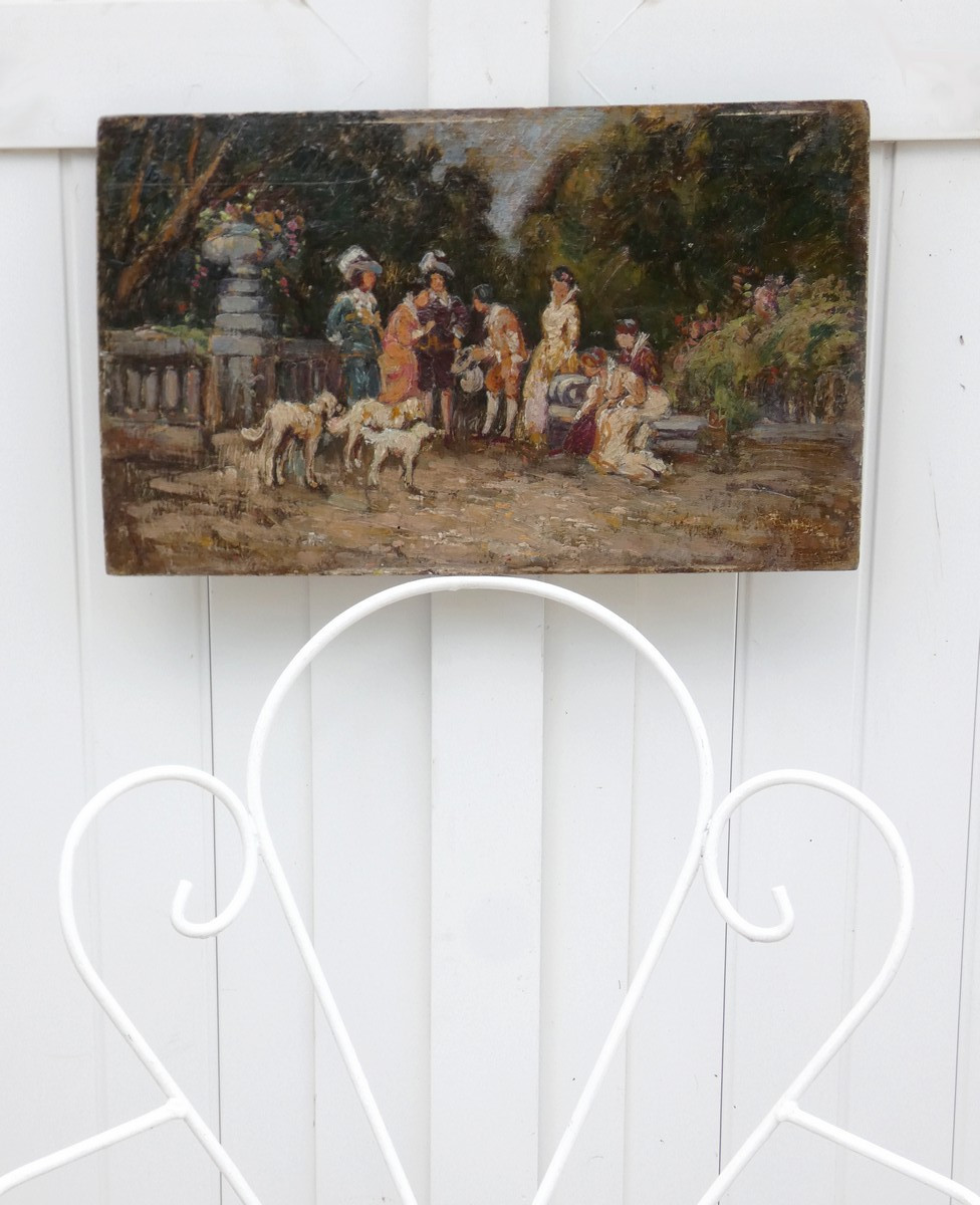 BELLE PEINTURE XIXe...SCÈNE GALANTE AVEC PERSONNAGES MONDAINS DANS UN PARC-photo-3