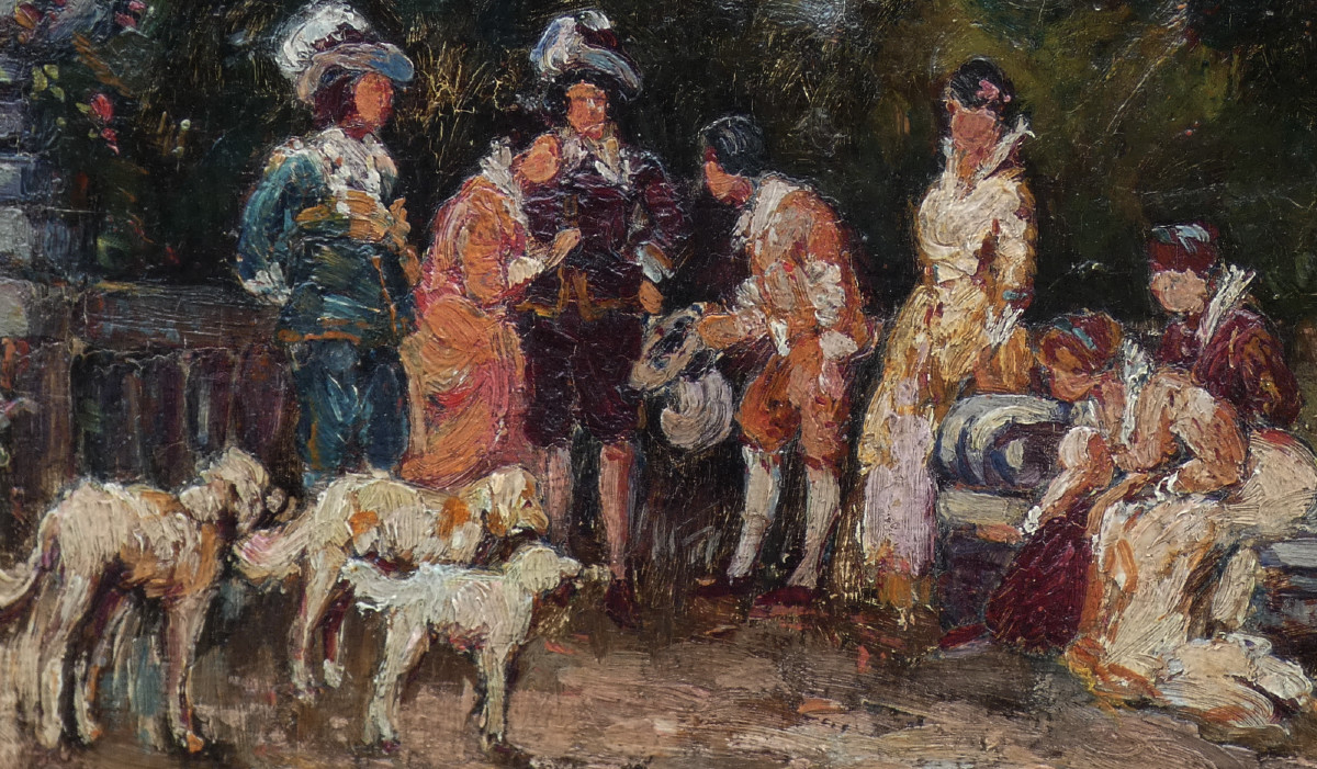 BELLE PEINTURE XIXe...SCÈNE GALANTE AVEC PERSONNAGES MONDAINS DANS UN PARC-photo-4