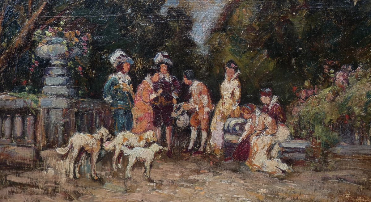 BELLE PEINTURE XIXe...SCÈNE GALANTE AVEC PERSONNAGES MONDAINS DANS UN PARC-photo-1