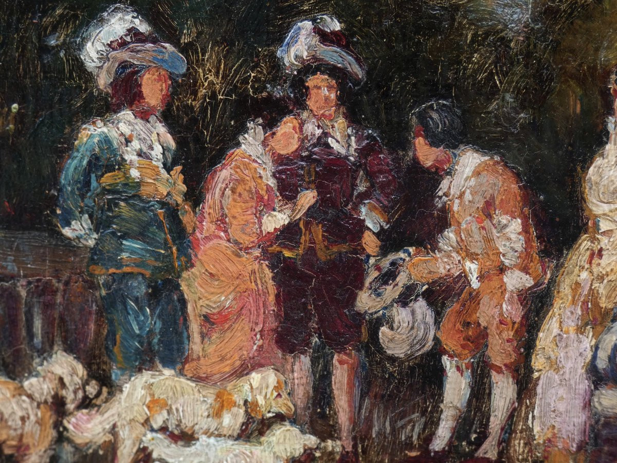 BELLE PEINTURE XIXe...SCÈNE GALANTE AVEC PERSONNAGES MONDAINS DANS UN PARC-photo-6