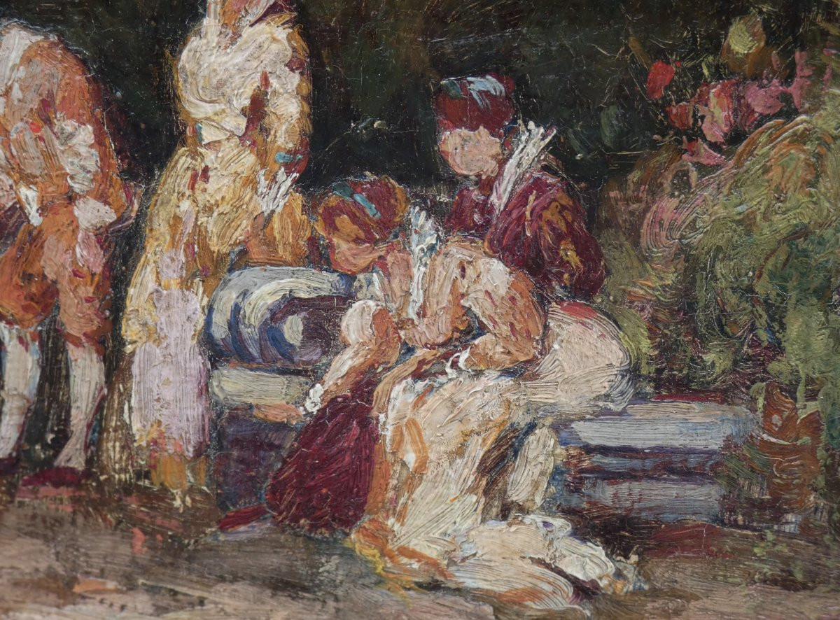 BELLE PEINTURE XIXe...SCÈNE GALANTE AVEC PERSONNAGES MONDAINS DANS UN PARC-photo-8