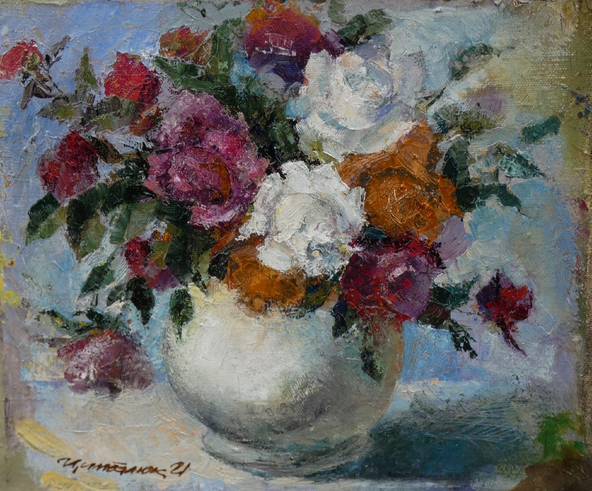 NATURE-MORTE IMPRESSIONNISTE 1921...BOUQUET DE ROSES & VASE...UNE SIGNATURE CYRILLIQUE ?-photo-4