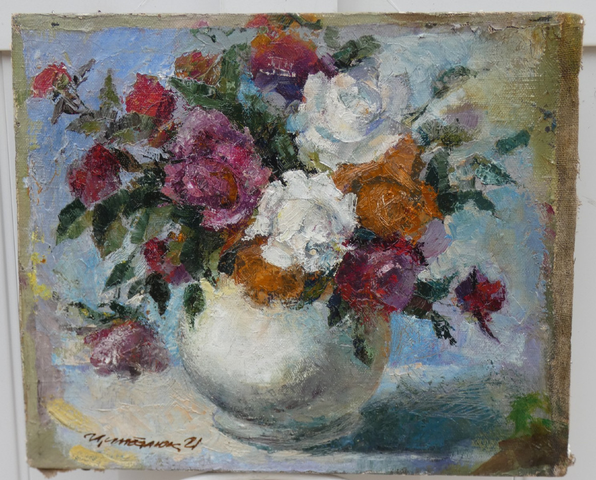 NATURE-MORTE IMPRESSIONNISTE 1921...BOUQUET DE ROSES & VASE...UNE SIGNATURE CYRILLIQUE ?