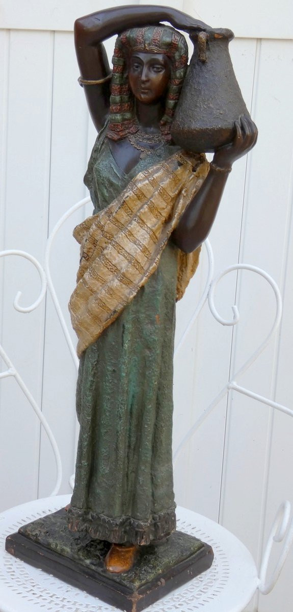 GRANDE SCULPTURE ORIENTALE 1900 - PLÂTRE POLYCHROME -ÉGYPTIENNE PORTEUSE D'EAU-photo-4