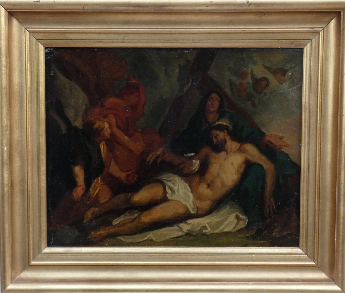 TOILE BIBLIQUE XIXe - PIÉTA  OU  LA MORT DU CHRIST - D'EUGÈNE DELACROIX & ANTOINE VAN DYCK-photo-2