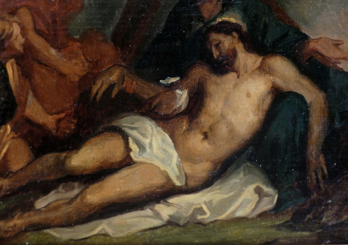 TOILE BIBLIQUE XIXe - PIÉTA  OU  LA MORT DU CHRIST - D'EUGÈNE DELACROIX & ANTOINE VAN DYCK-photo-4
