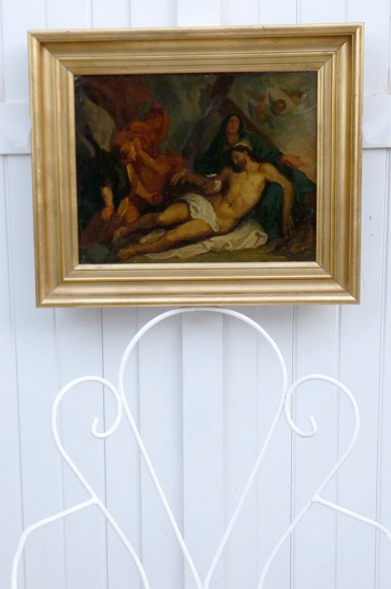 TOILE BIBLIQUE XIXe - PIÉTA  OU  LA MORT DU CHRIST - D'EUGÈNE DELACROIX & ANTOINE VAN DYCK-photo-1