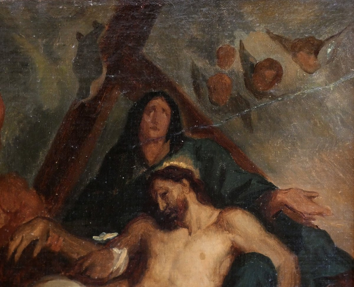 TOILE BIBLIQUE XIXe - PIÉTA  OU  LA MORT DU CHRIST - D'EUGÈNE DELACROIX & ANTOINE VAN DYCK-photo-2