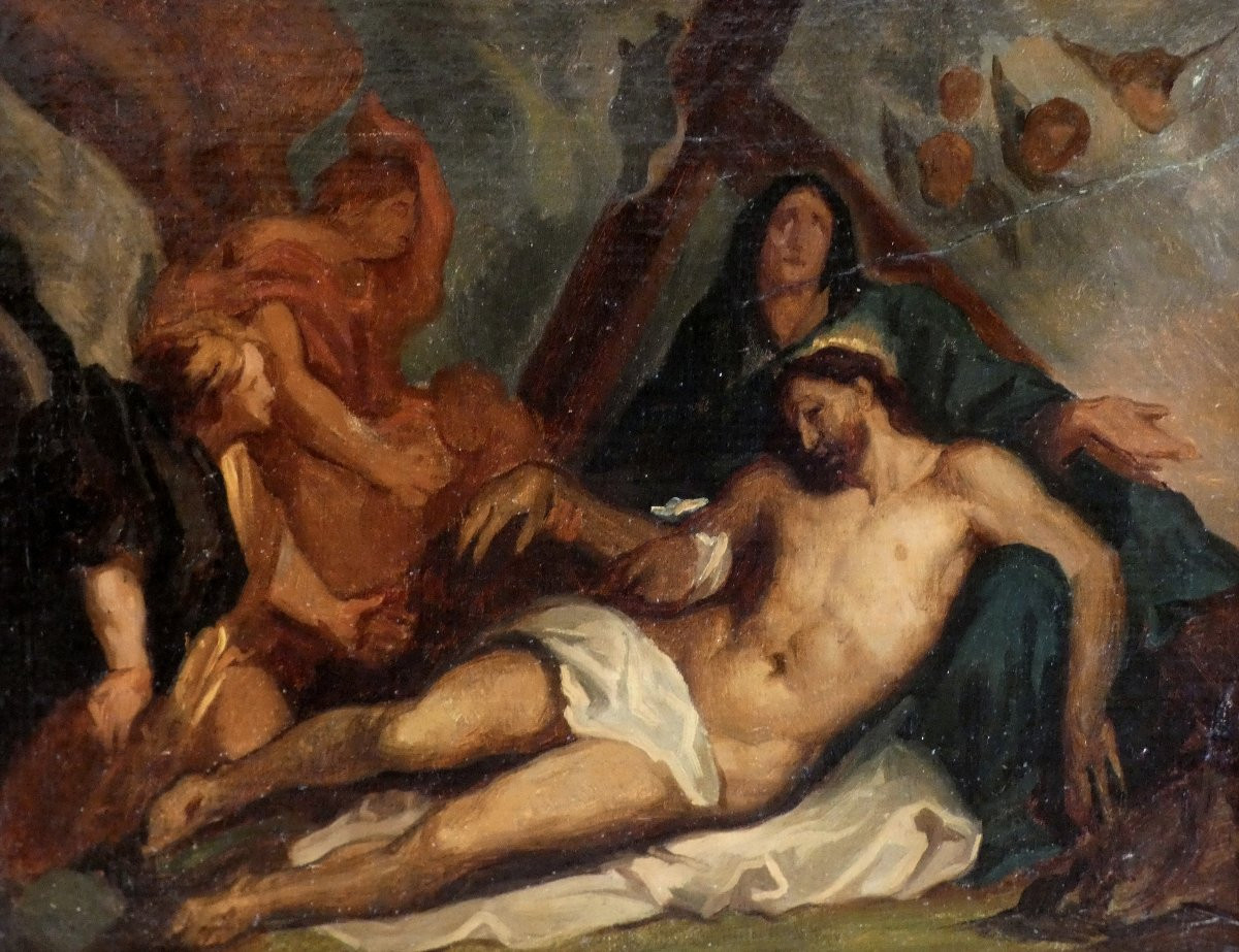 TOILE BIBLIQUE XIXe - PIÉTA  OU  LA MORT DU CHRIST - D'EUGÈNE DELACROIX & ANTOINE VAN DYCK-photo-4