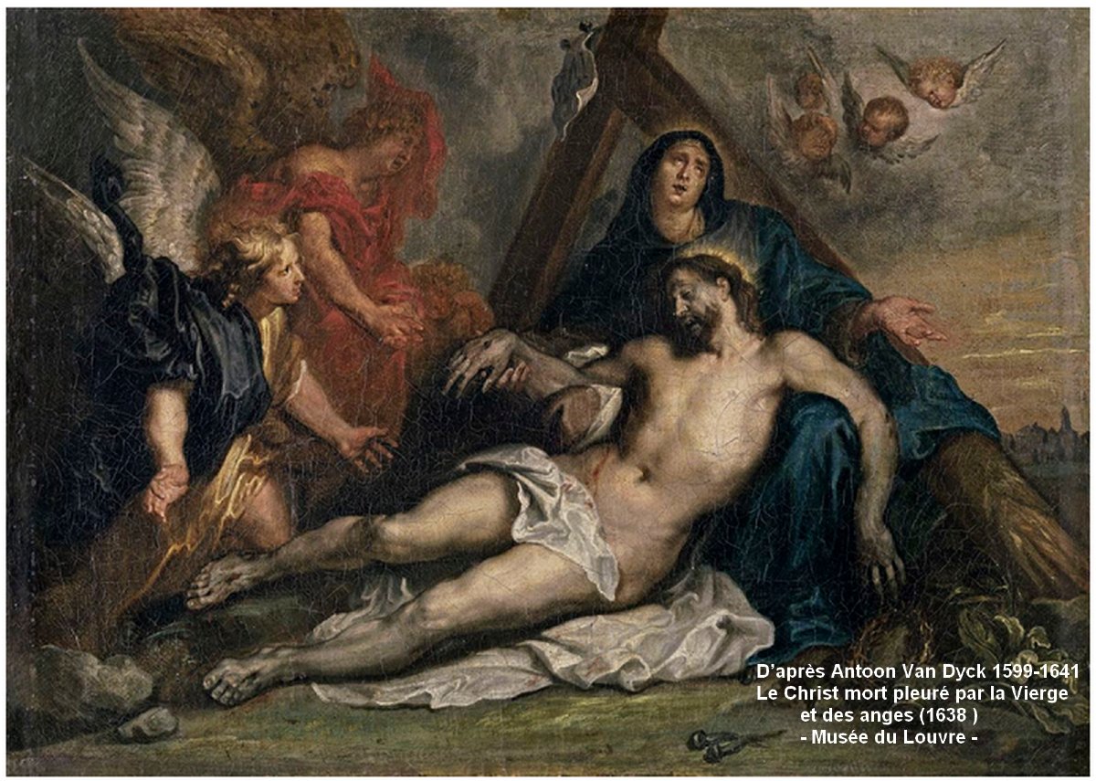 TOILE BIBLIQUE XIXe - PIÉTA  OU  LA MORT DU CHRIST - D'EUGÈNE DELACROIX & ANTOINE VAN DYCK-photo-6