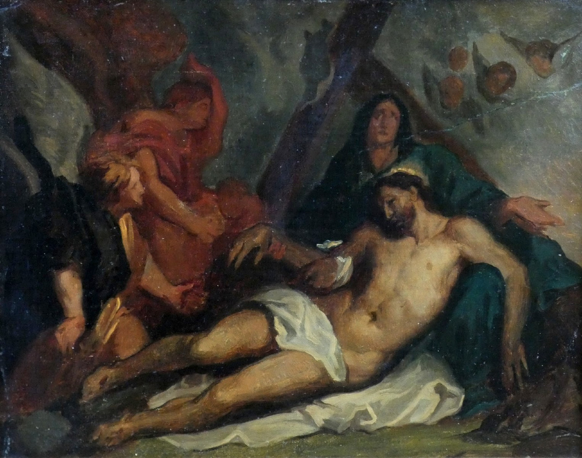 TOILE BIBLIQUE XIXe - PIÉTA  OU  LA MORT DU CHRIST - D'EUGÈNE DELACROIX & ANTOINE VAN DYCK