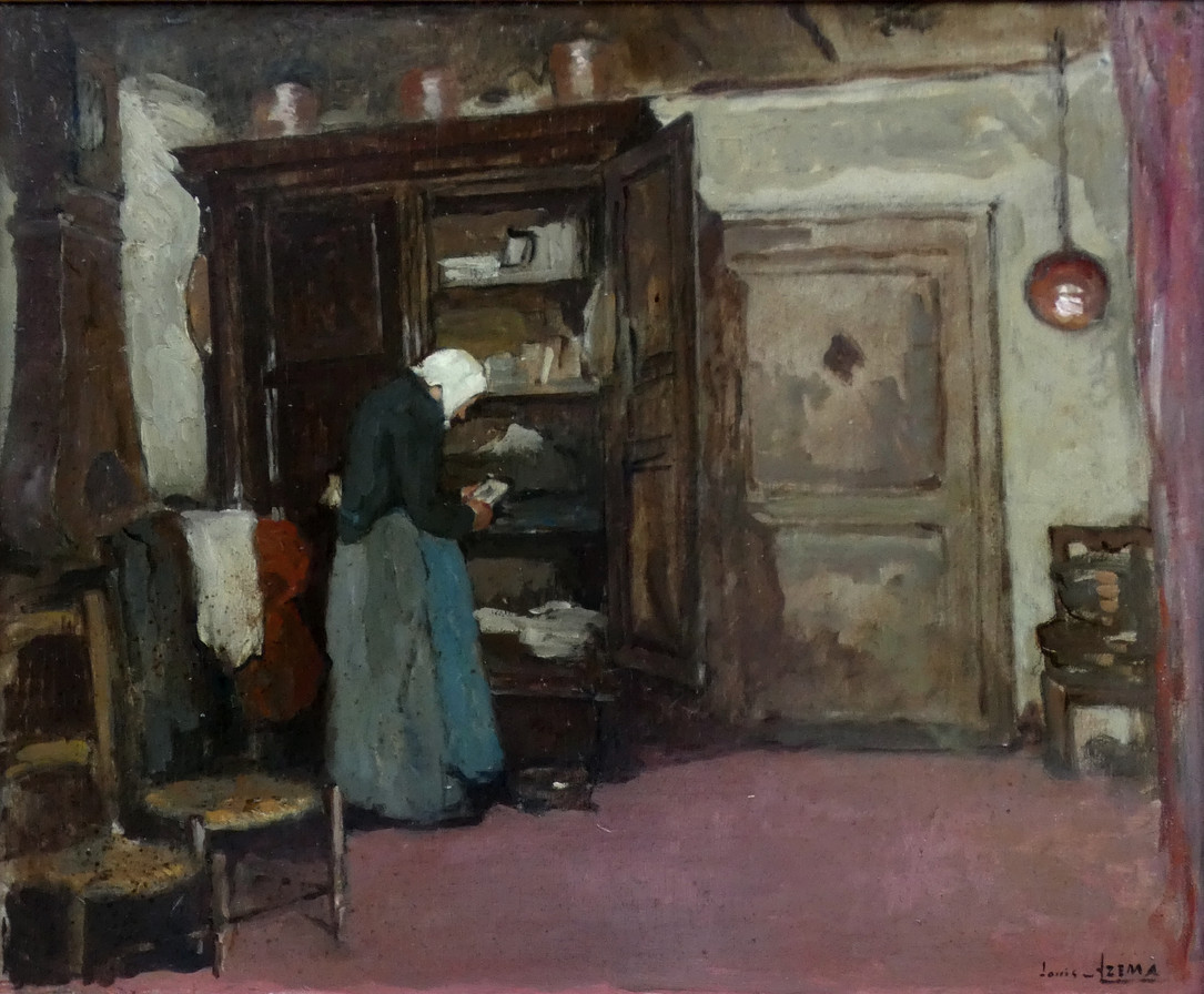 LOUIS AZEMA 1876-1963 - GRAND TABLEAU IMPRESSIONNISTE - SCÈNE D’INTÉRIEUR -photo-4