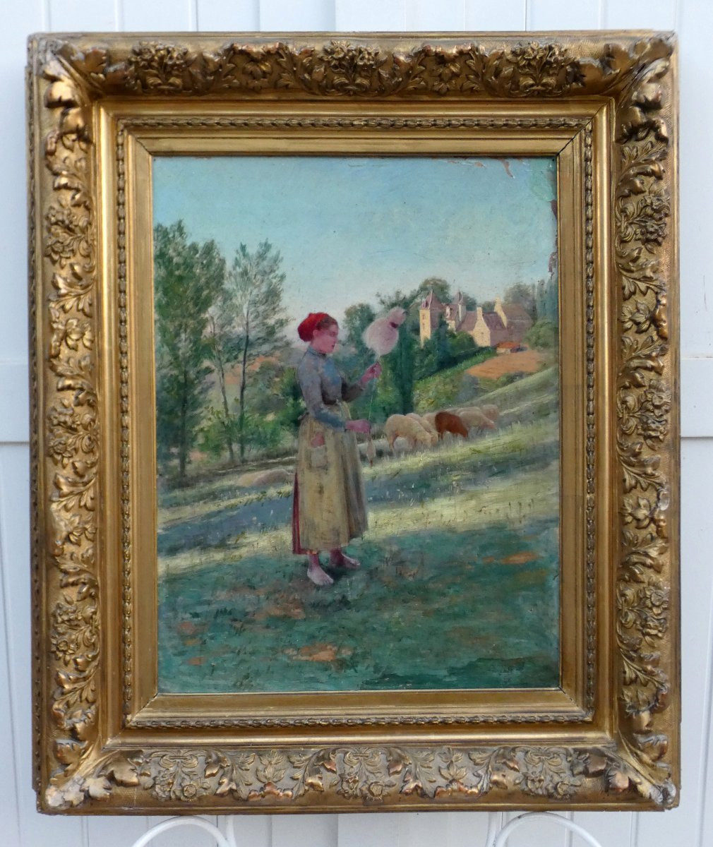 Large 19th Century Impressionist Canvas...the Spinning Shepherdess & Her Flock...signed?-photo-7