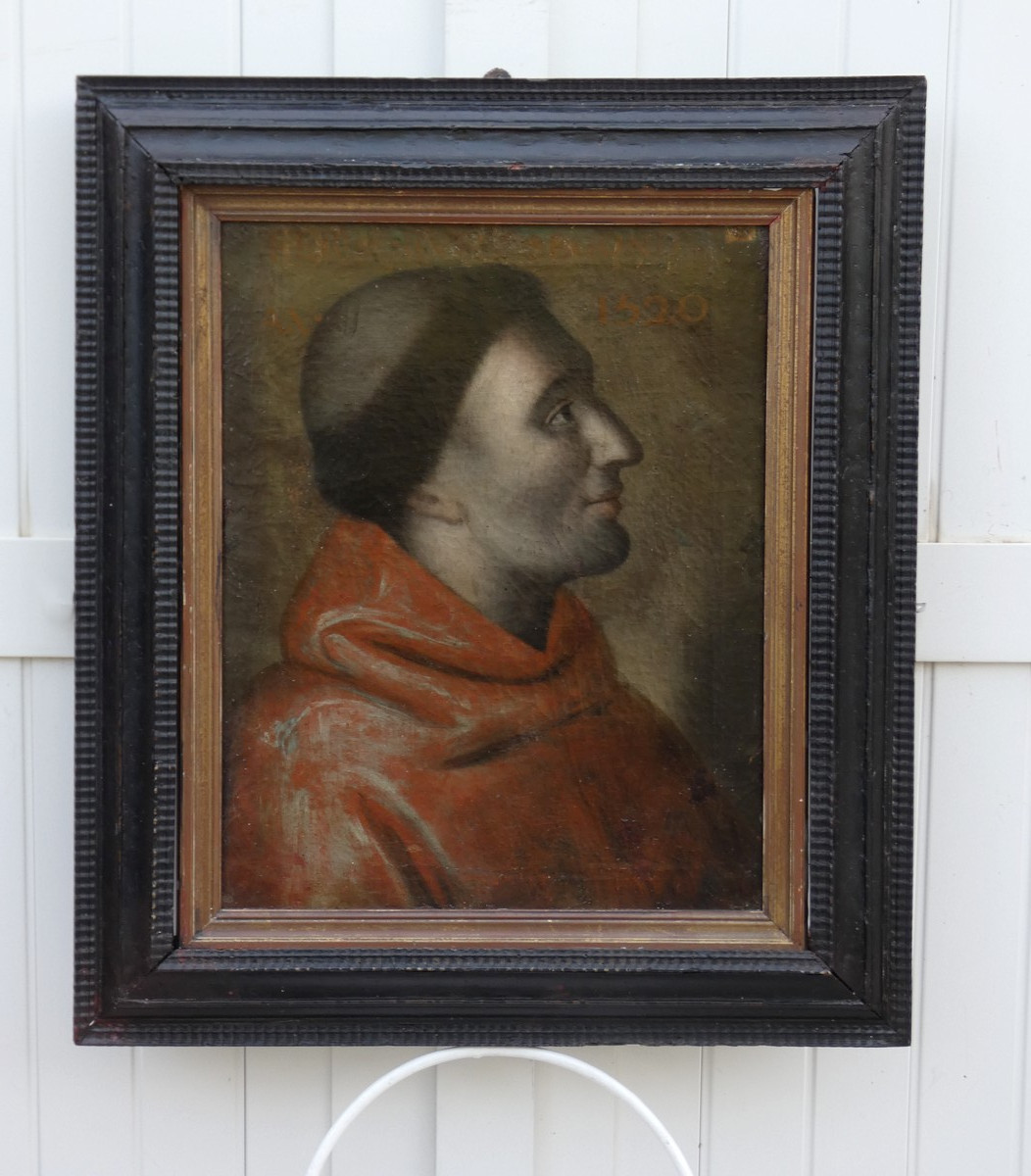 TABLEAU FLORENTIN XVIe XVIIe - FRANCISCAIN A LA SOUTANE ROUGE - LOCUTION LATINE + DATE 1520 ?-photo-2