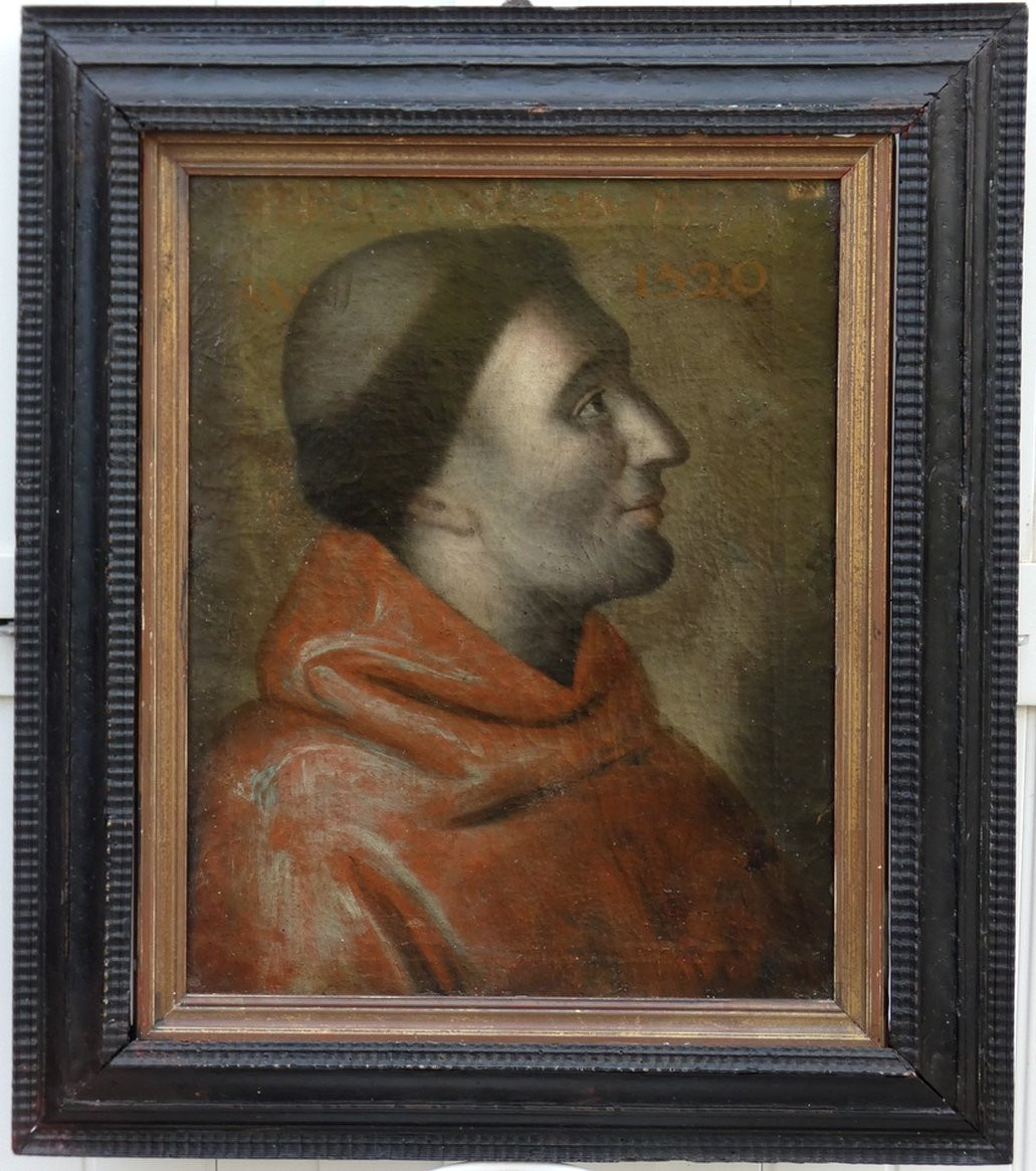 TABLEAU FLORENTIN XVIe XVIIe - FRANCISCAIN A LA SOUTANE ROUGE - LOCUTION LATINE + DATE 1520 ?-photo-3