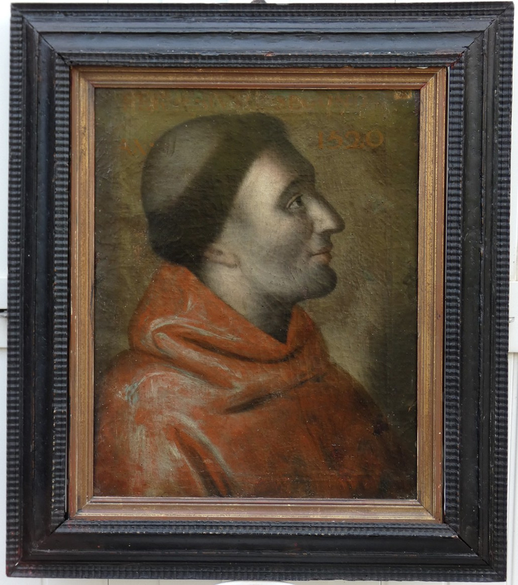 TABLEAU FLORENTIN XVIe XVIIe - FRANCISCAIN A LA SOUTANE ROUGE - LOCUTION LATINE + DATE 1520 ?