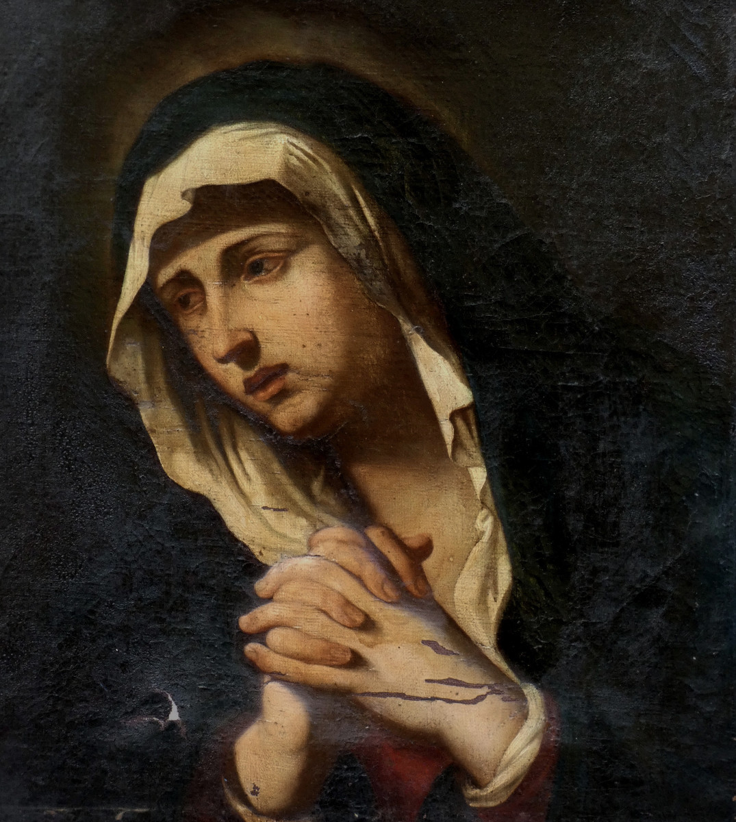 GIOVANNI F. BARBIERI 1591-1666 - ATELIER & SUIVEUR- TOILE BIBLIQUE XVIIe -LA VIERGE EN PLEURS-photo-2