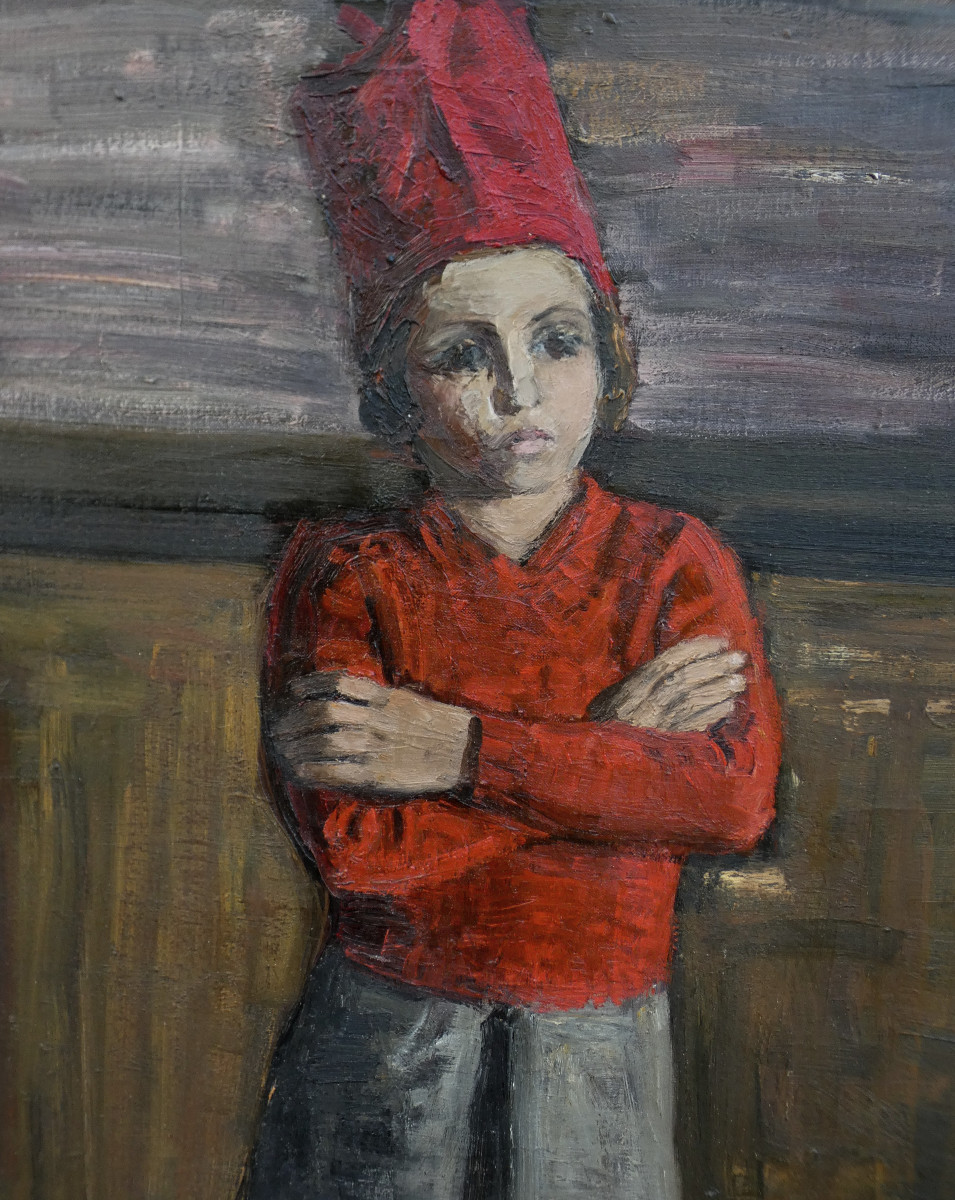 Georgette Devroye 1911-1999...large Canvas 1940-1950...the Little Sulky Girl In The Red Cap-photo-3