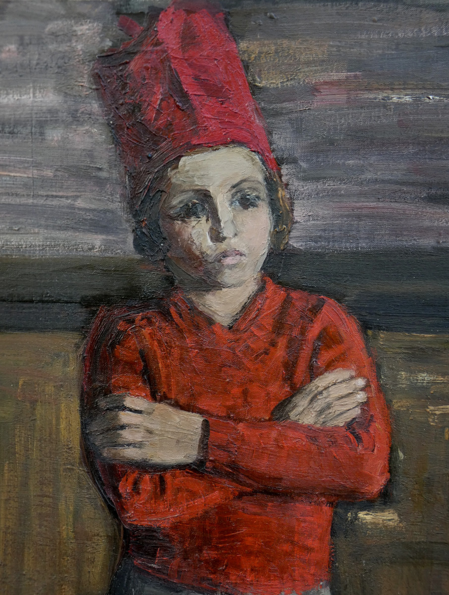 Georgette Devroye 1911-1999...large Canvas 1940-1950...the Little Sulky Girl In The Red Cap-photo-4