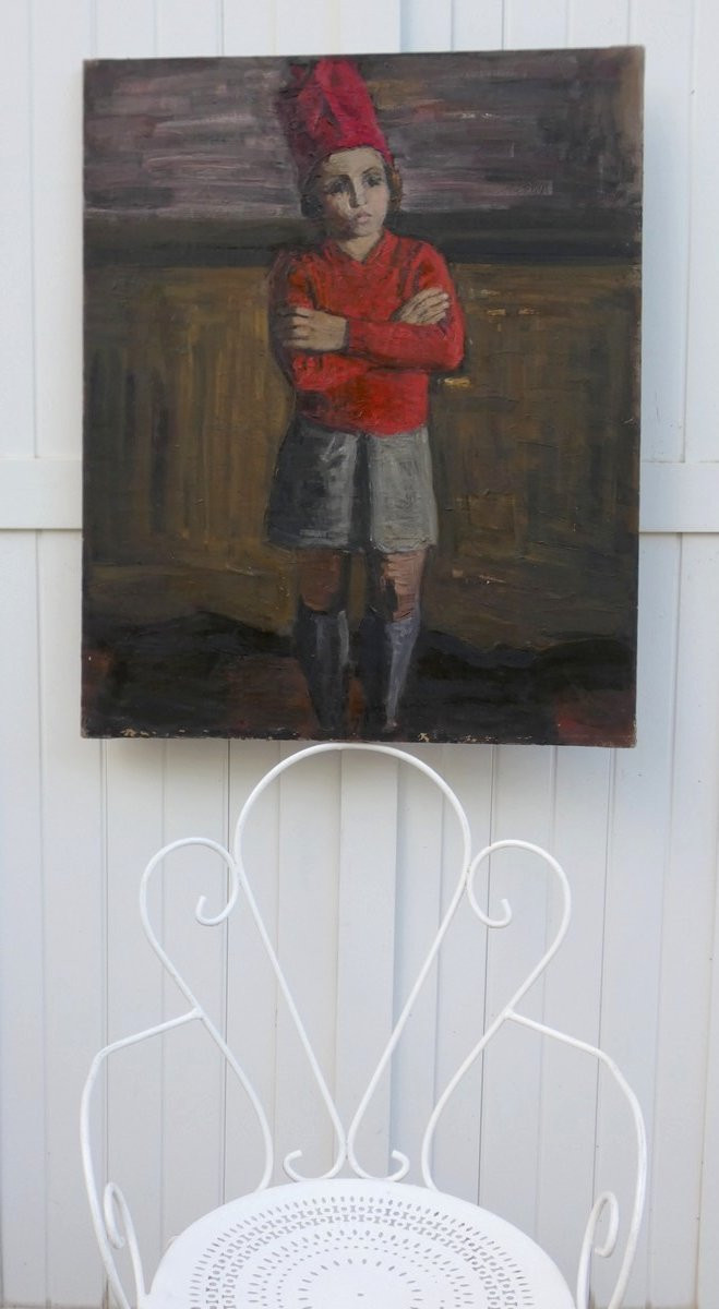 Georgette Devroye 1911-1999...large Canvas 1940-1950...the Little Sulky Girl In The Red Cap-photo-1