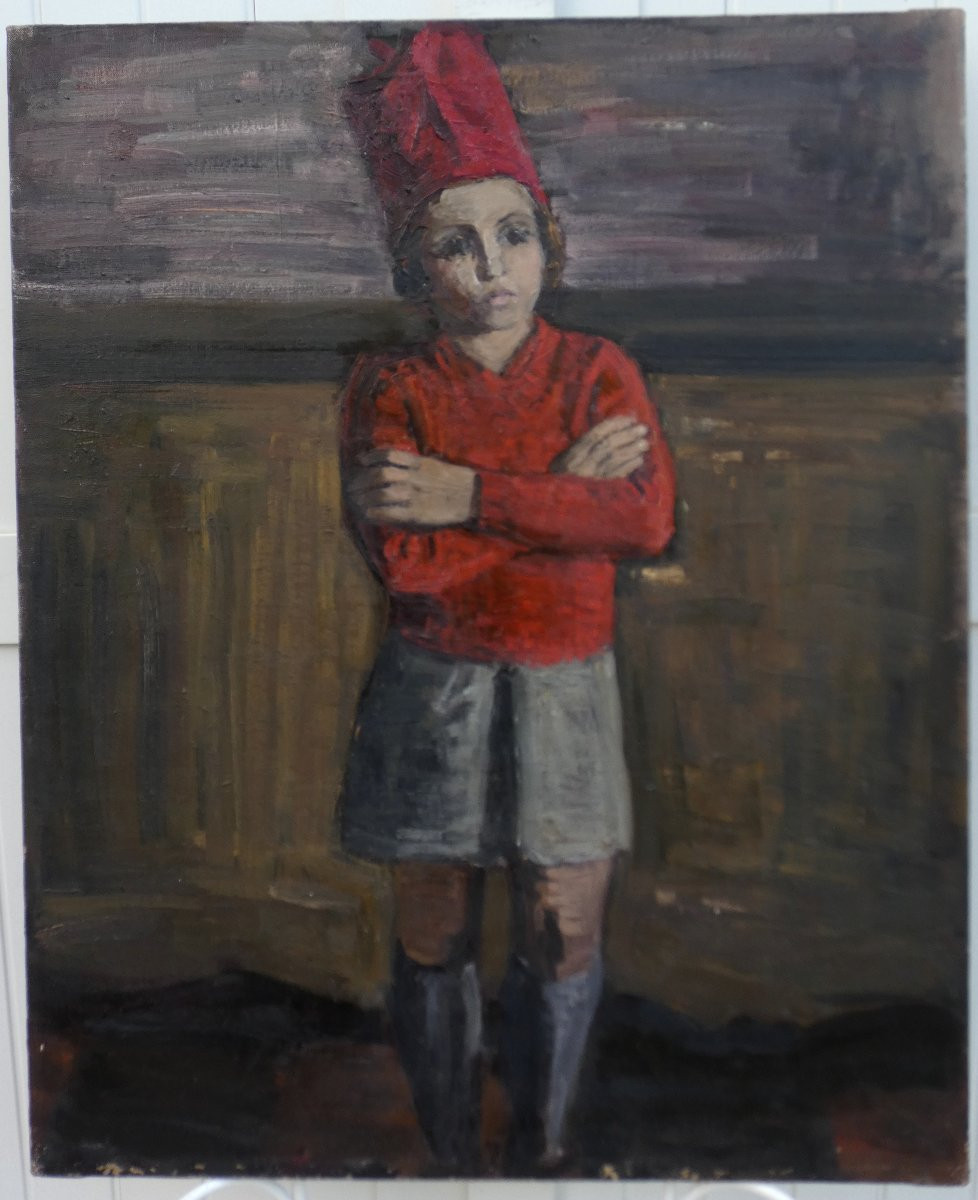 Georgette Devroye 1911-1999...large Canvas 1940-1950...the Little Sulky Girl In The Red Cap-photo-2